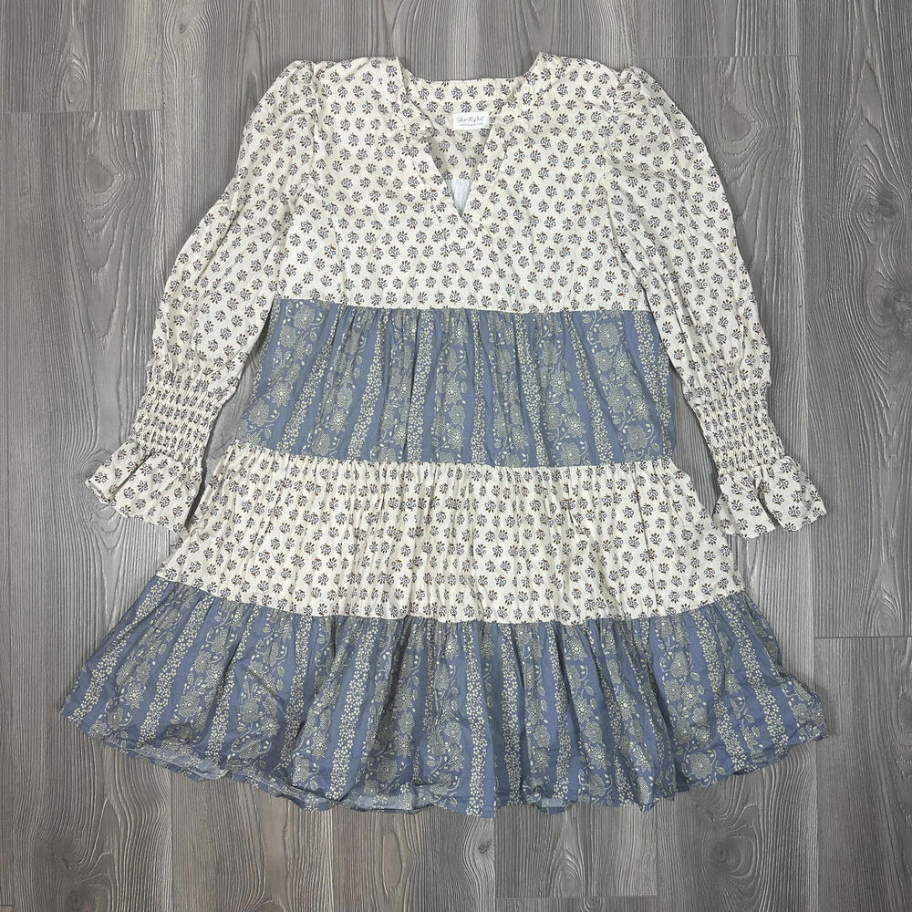 Shop the Mint Dusty Blue and Cream Tiered Long Sleeve Dress Womens L